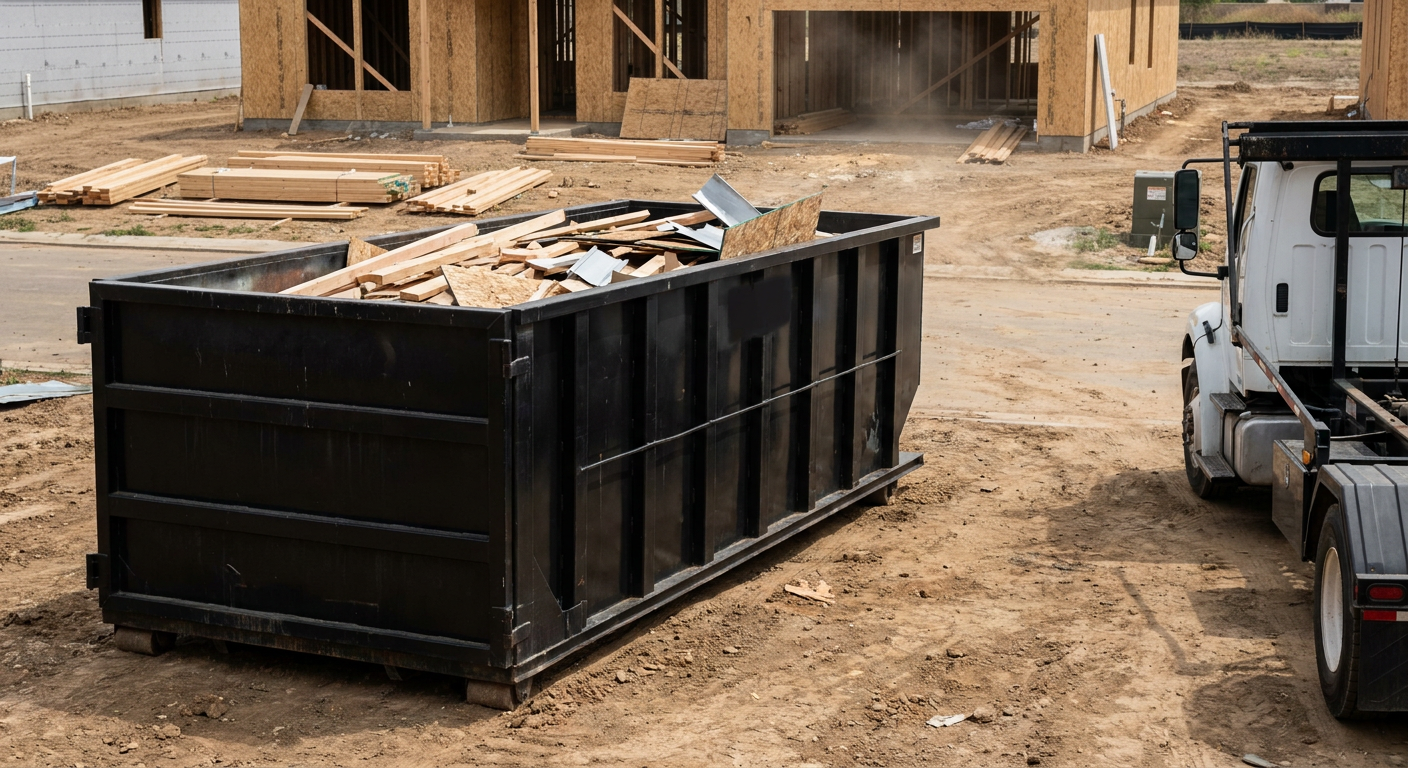 Matte-black 20-yard roll-off construction dumpster with heavy ribbed steel sidewalls and swing rear doors at a working jobsite in Alexandria, sitting directly on compacted dirt with an unmarked white hauler partially visible at the far edge of the frame.