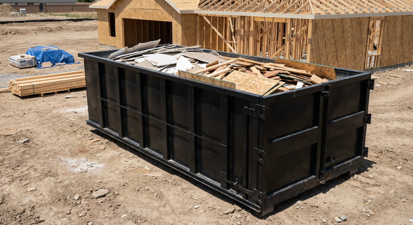 Matte-black 30-yard roll-off construction dumpster sitting directly on the compacted-dirt site of a framed single-family home build in Alexandria, drywall and lumber scrap loaded inside.
