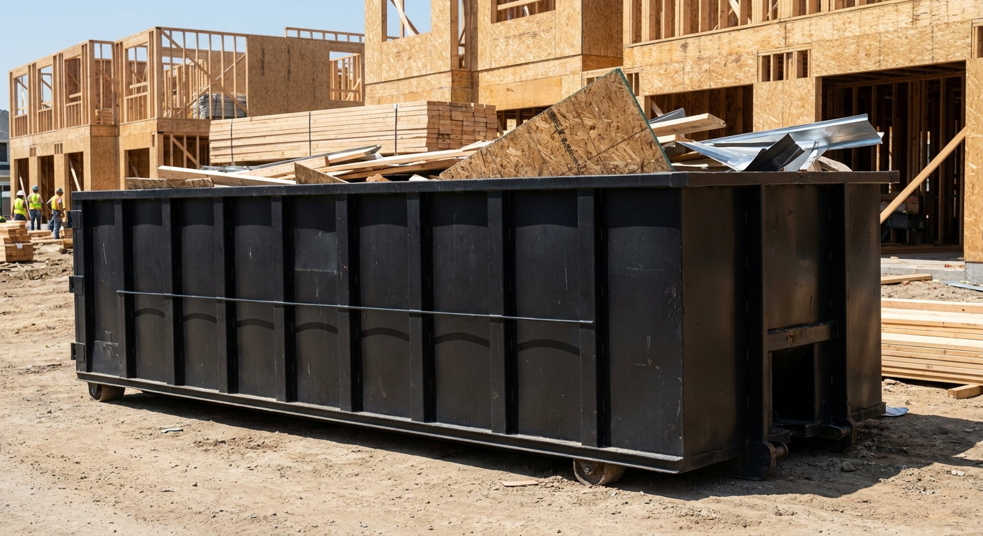 Matte-black 40-yard roll-off construction dumpster being lowered from a white-cab hooklift delivery truck onto the compacted-dirt jobsite at a commercial build site in Alexandria
