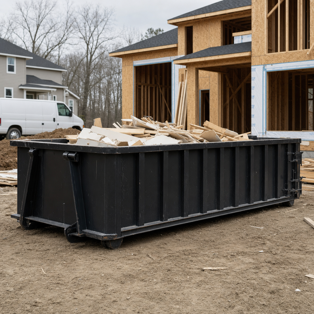 Worker in a yellow high-visibility vest tossing framing lumber and broken drywall into a matte-black 30-yard construction roll-off dumpster on an active build site in Alexandria, bright daylight