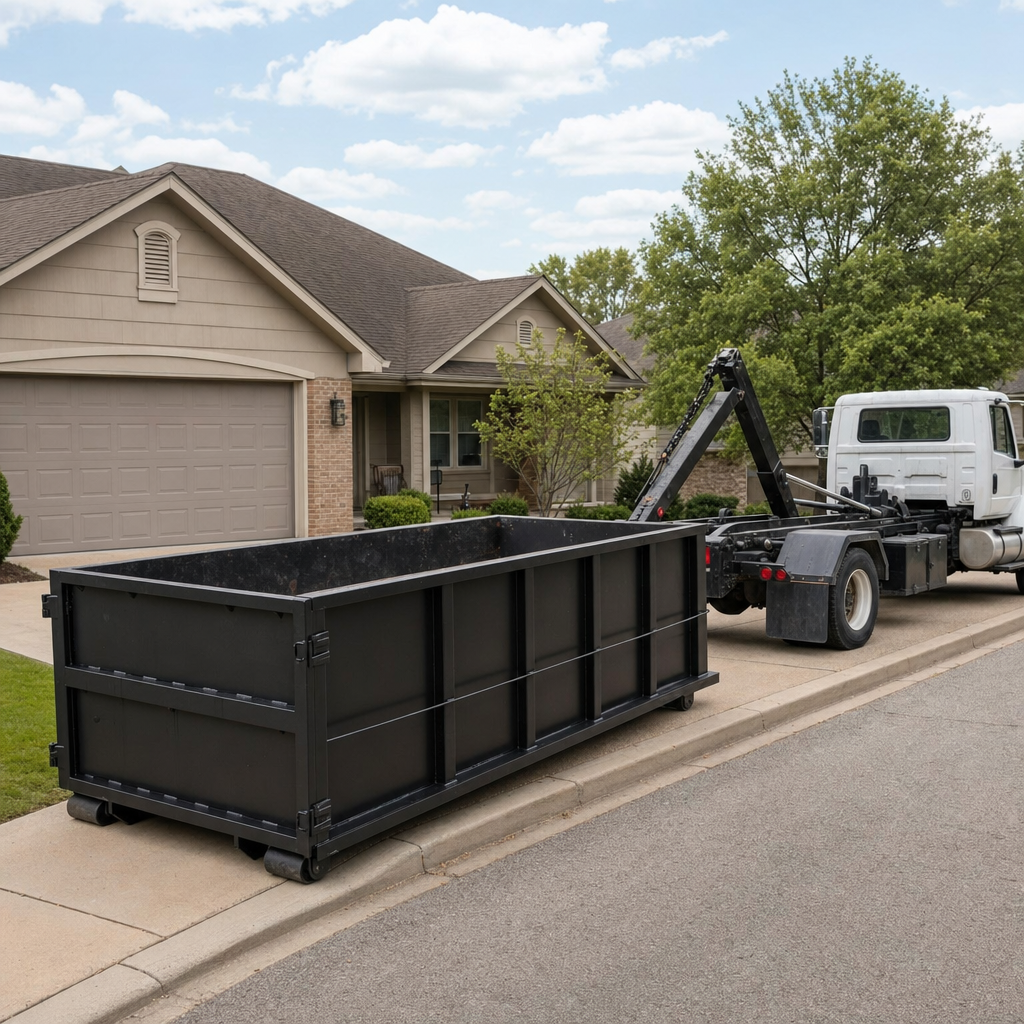 Wide documentary shot of a matte-black roll-off dumpster on a Alexandria residential driveway in the foreground and a contractor jobsite container in the soft-focus background, bright daylight, calm and orderly composition.