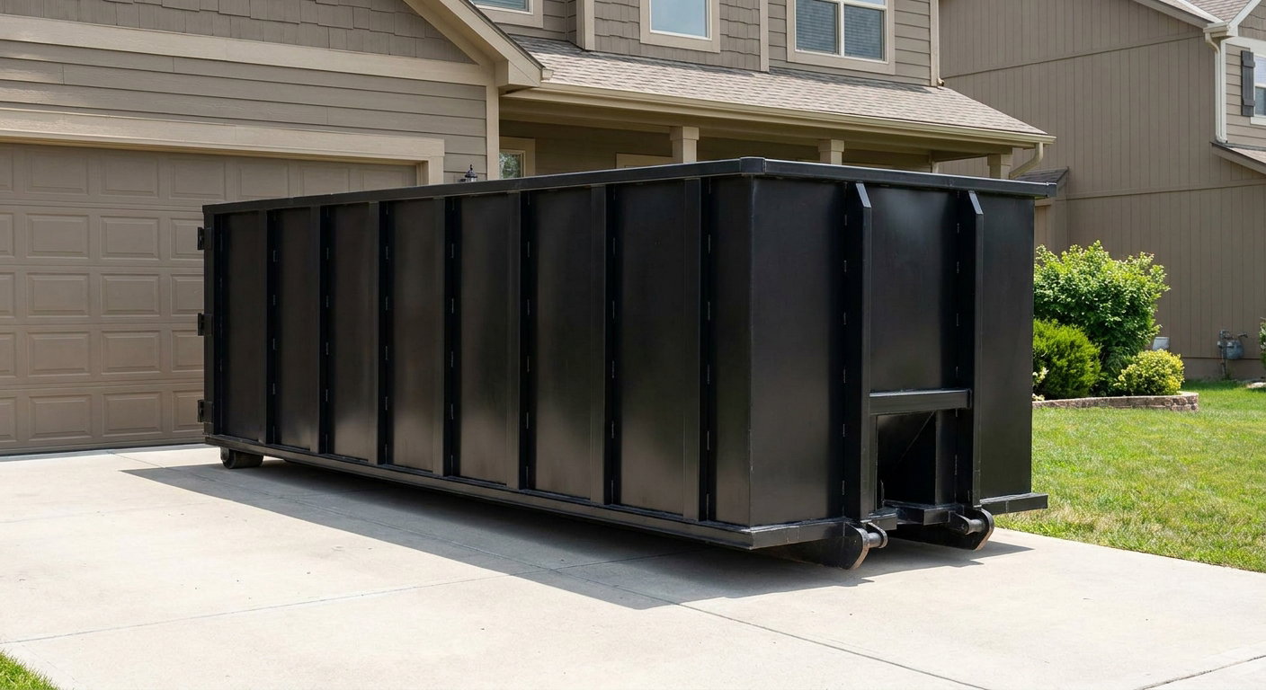Matte-black residential roll-off dumpster sitting directly on a suburban Alexandria concrete driveway, garage door closed, single-family home in background, bright morning daylight.