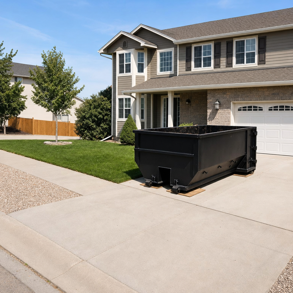 10-yard matte-black residential dumpster placed directly on a narrow Alexandria concrete driveway, room remains for a parked sedan beside it, mid-morning natural light