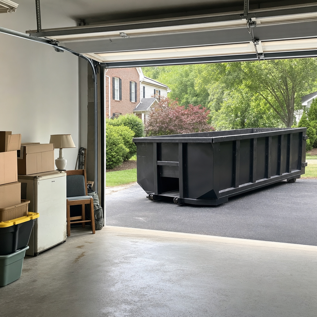 Open garage interior in a Alexandria home mid-cleanout — boxed items, an old appliance, and stacked yard tools queued near the driveway for a matte-black roll-off dumpster, organized and calm