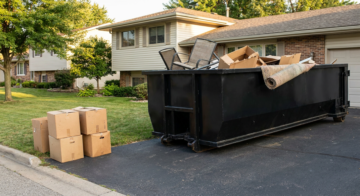 Front-yard view of a Alexandria split-level home with a 20-yard matte-black roll-off dumpster sitting directly on the asphalt driveway, a few clearly labeled donation boxes staged at the curb, calm sunny afternoon.
