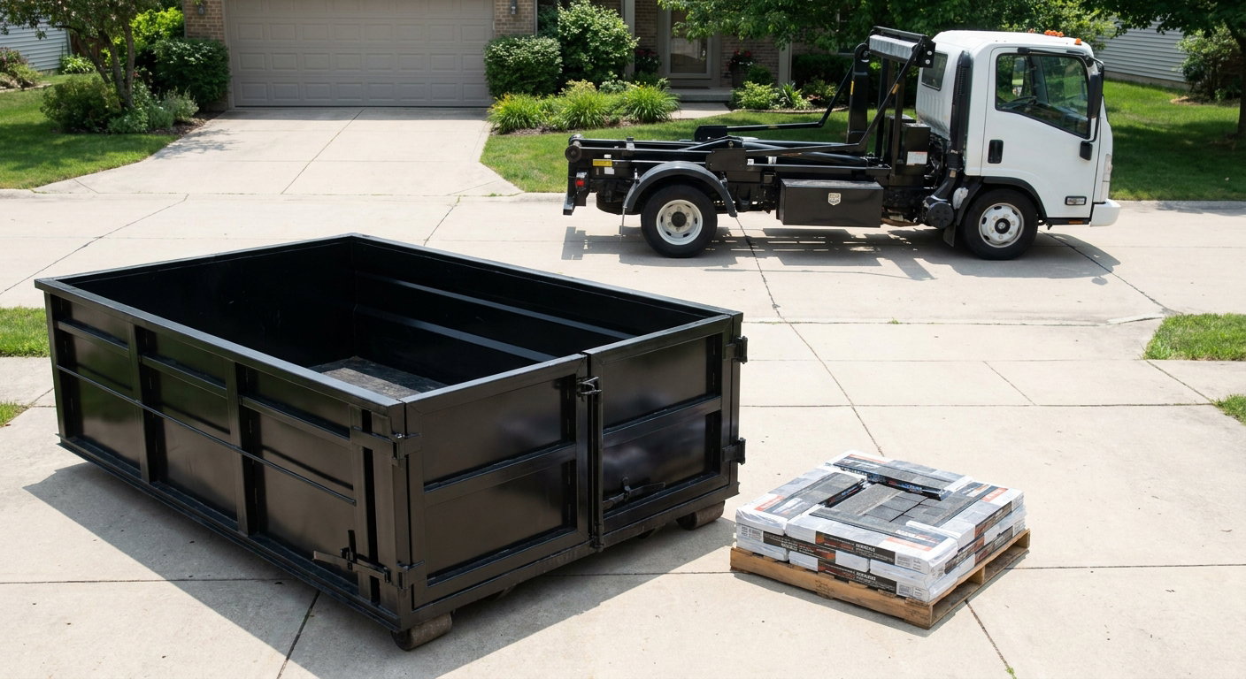 Matte-black 15-yard roofing roll-off dumpster with reinforced low side walls sitting directly on a Alexandria residential concrete driveway, three-tab asphalt shingle bundles stacked nearby, an unmarked white hauler truck partially visible at the edge of the frame.