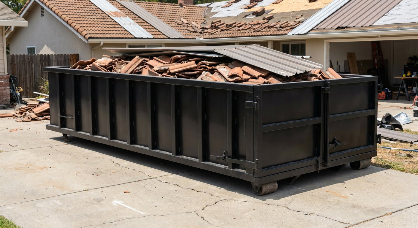 Matte-black low-wall heavy-debris roofing roll-off dumpster sitting directly on a Alexandria concrete driveway, broken concrete clay roof tiles and metal panel sections loaded inside, reinforced ribbed steel side walls visible, bright outdoor daylight.