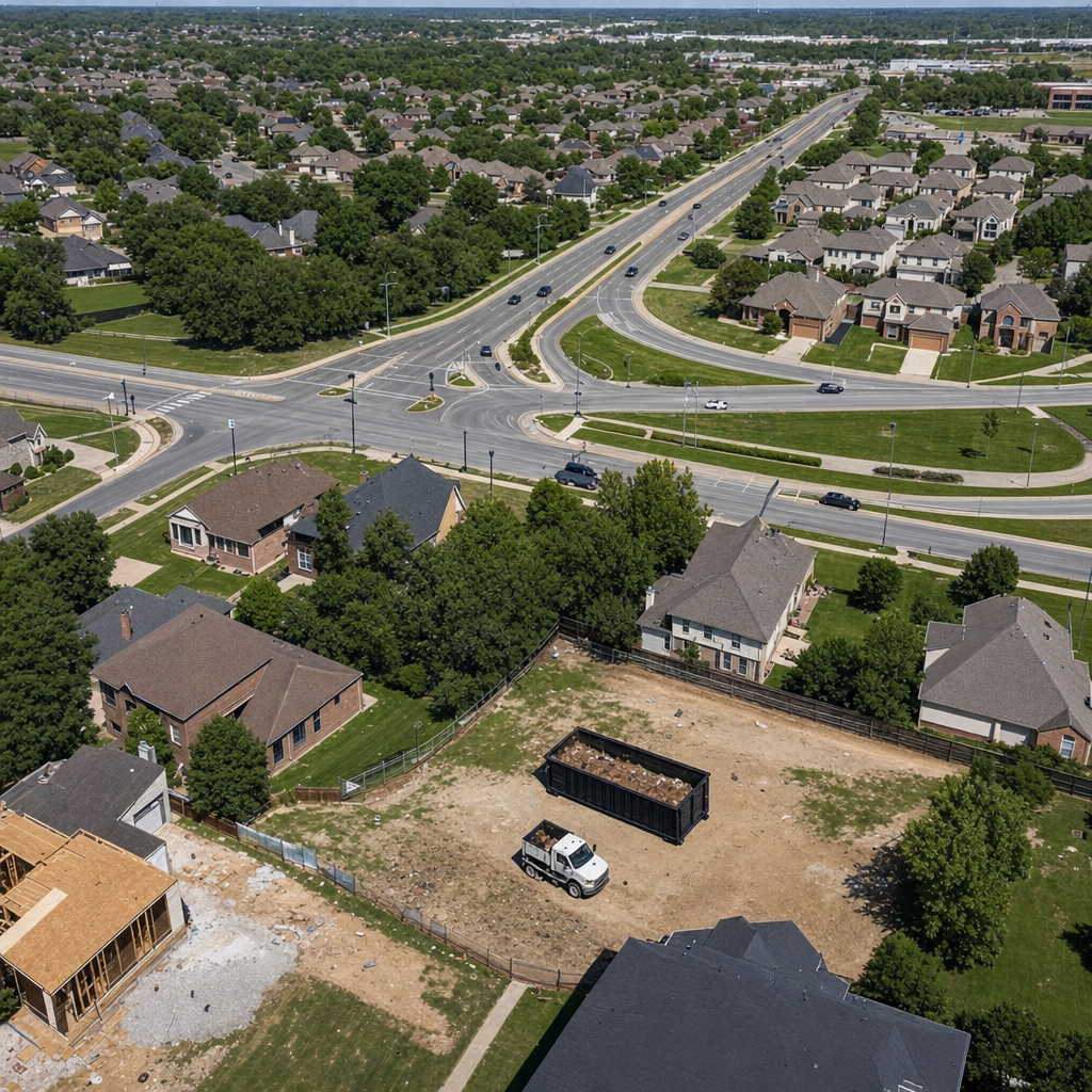 An overhead documentary view of the Alexandria metro area at midday, showing the spread of neighborhoods, arterial roads, and the dispatch radius from a central yard — clean daylight, organized geographic layout.