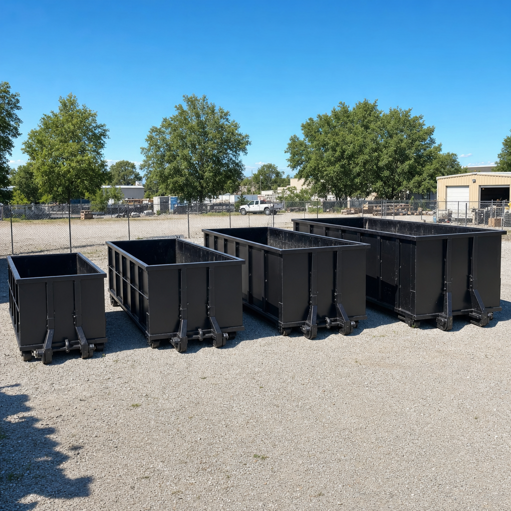 A clean lineup of matte-black roll-off dumpsters in 10, 20, 30, and 40-yard sizes staged on a sunlit gravel yard in Alexandria, showing the size progression from compact to commercial-scale containers.