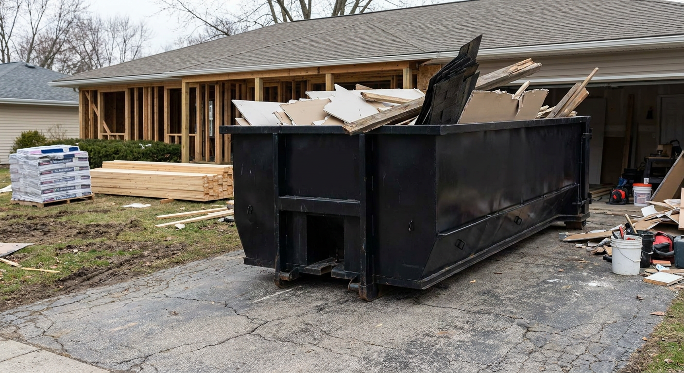 A matte-black 20-yard roll-off dumpster placed alongside a mid-renovation Alexandria home directly on the asphalt driveway, with framing materials and torn-off shingles staged neatly nearby.